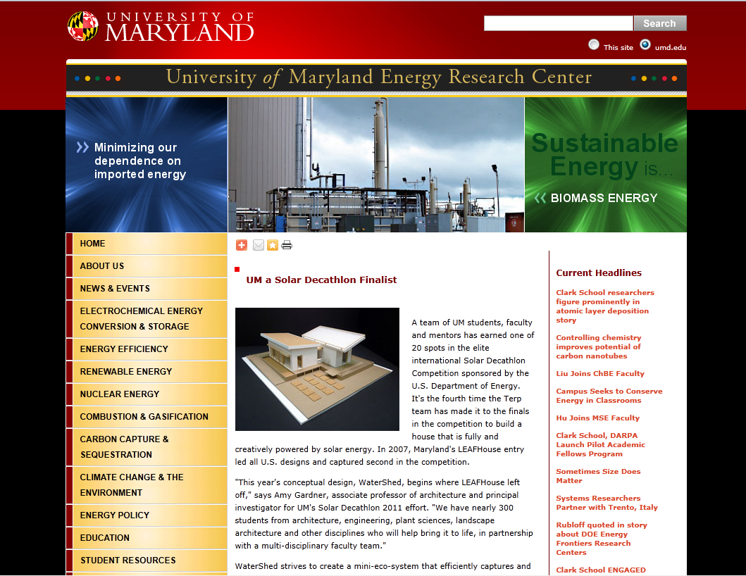 Screenshot of Maryland Energy Research Center website