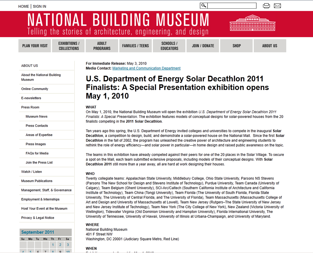 Screenshot of National Building Museum website